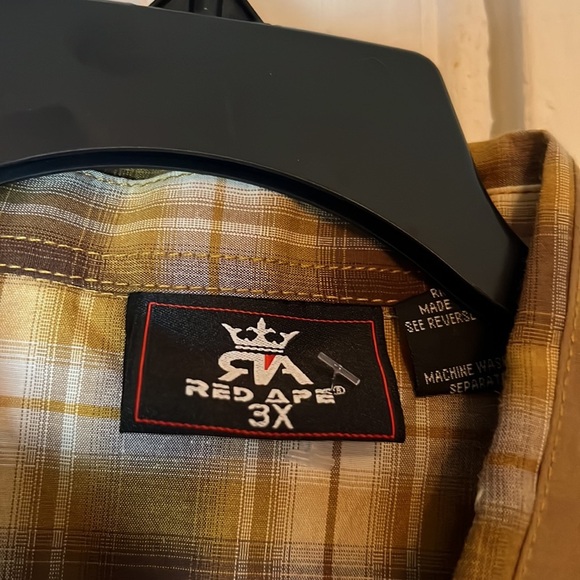 Red Ape Cotton Stretch Shirt Mens 3XL XXXL Brown Plaid Casual Embroidered Pocket - Picture 2 of 8